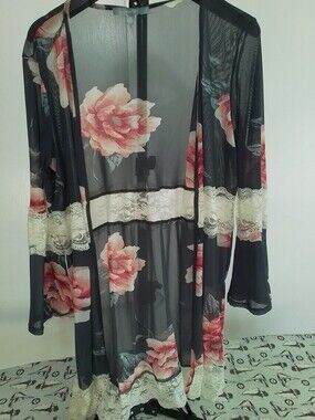 Sweet Rain Sheer Floral Lace Trim Kimono - Black with Pink Roses
